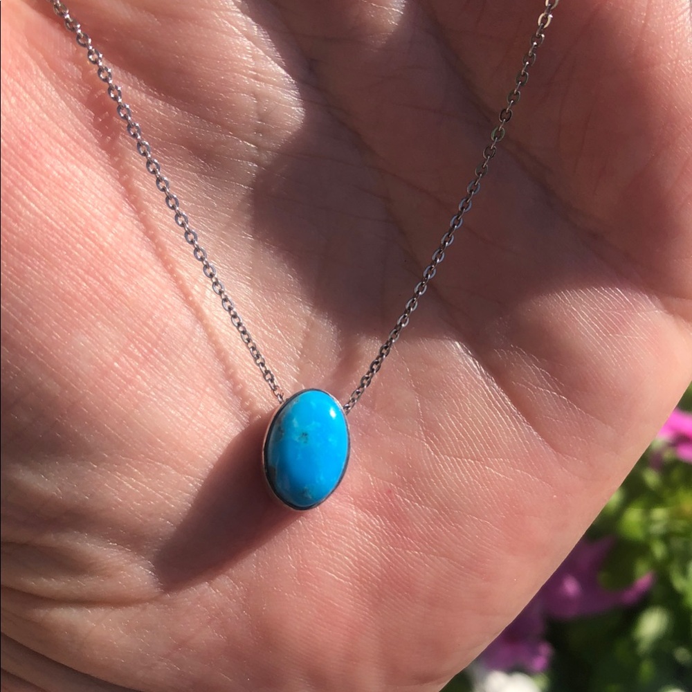 Kingman Turquoise Oval Stone Pendant Necklace  in Sterling Silver- Women Jewelry